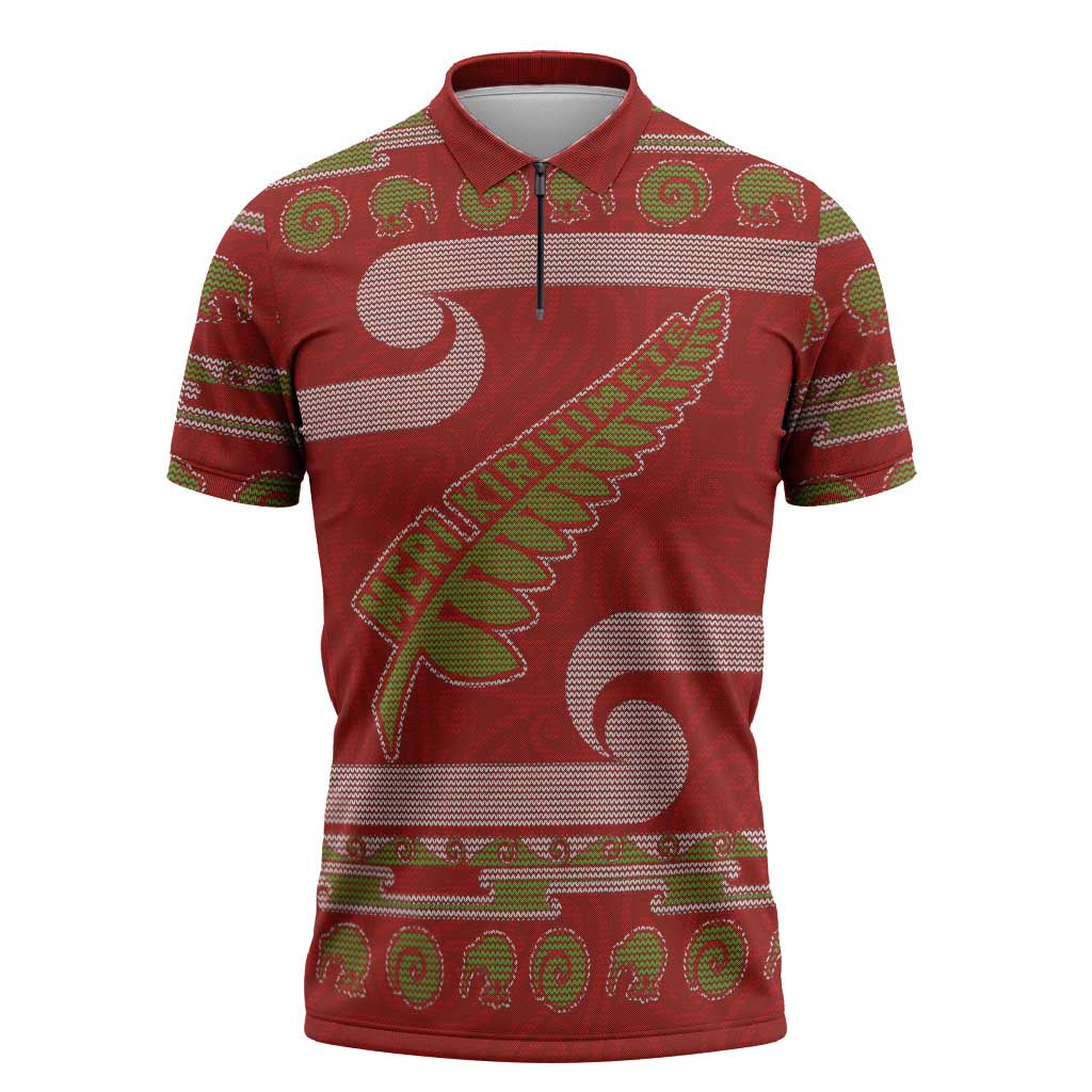 New Zealand Christmas Zipper Polo Shirt Meri Kirihimete Silver Fern Knit Style Green Color LT03 Green - Polynesian Pride