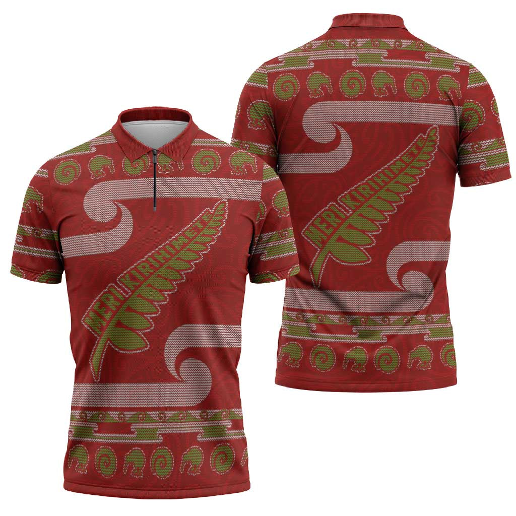 New Zealand Christmas Zipper Polo Shirt Meri Kirihimete Silver Fern Knit Style Green Color LT03 - Polynesian Pride