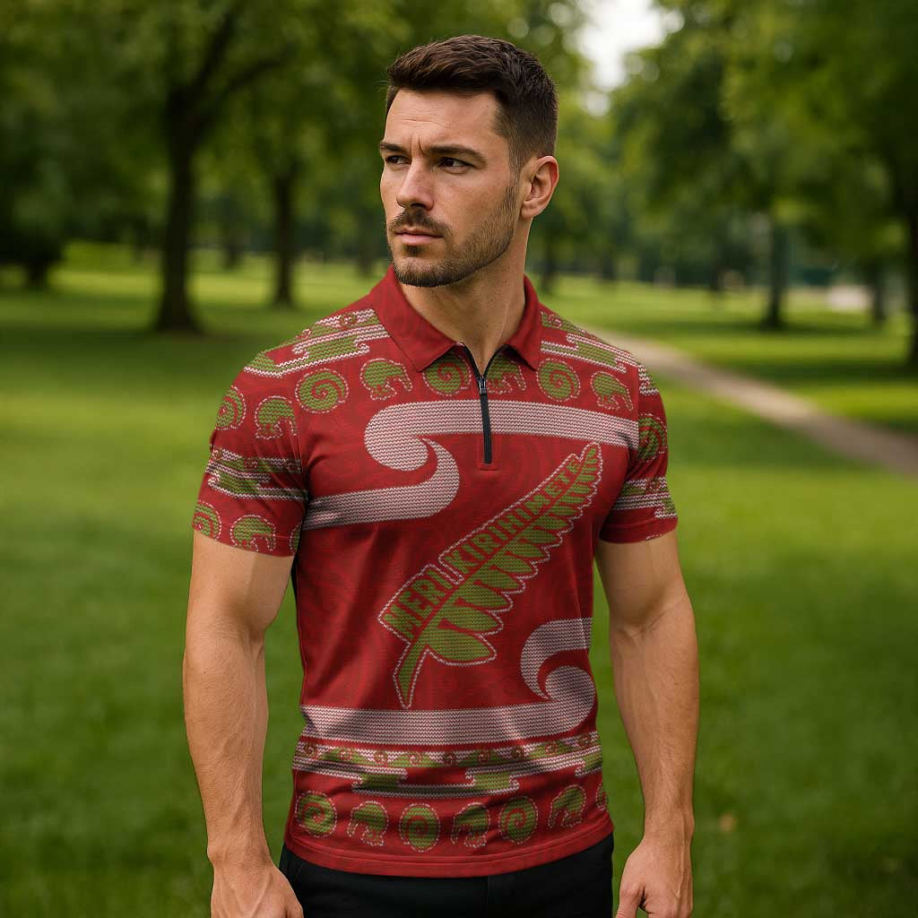 New Zealand Christmas Zipper Polo Shirt Meri Kirihimete Silver Fern Knit Style Green Color LT03 - Polynesian Pride