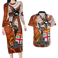 Fiji Australia Rugby Couples Matching Long Sleeve Bodycon Dress and Hawaiian Shirt Kangaroo and Palm Tree Orange Tapa Pattern Mix Aboriginal LT03 Orange - Polynesian Pride
