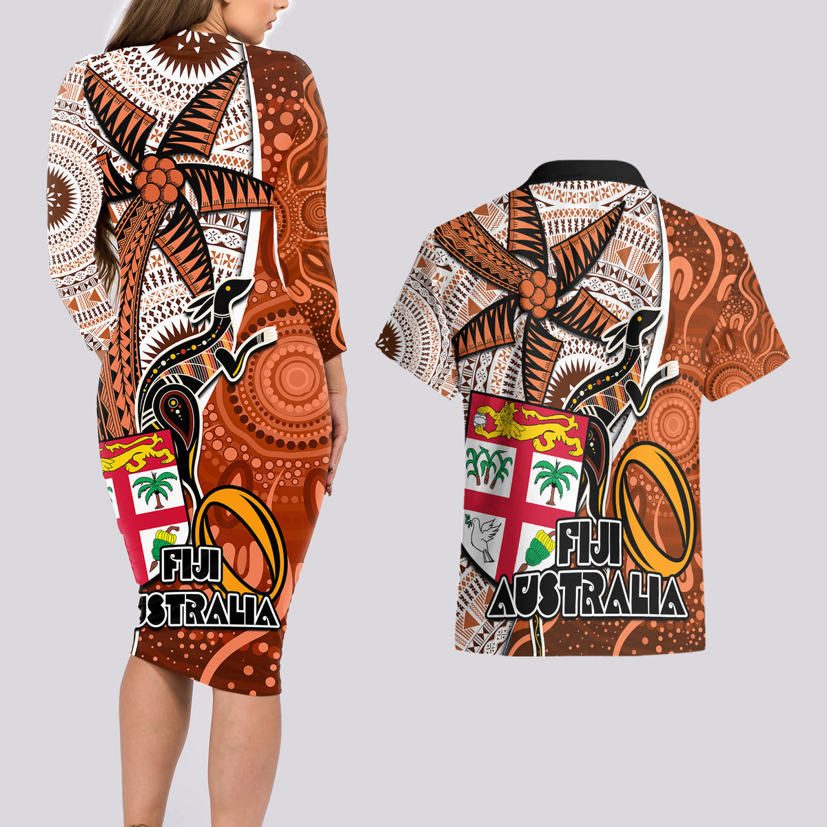 Fiji Australia Rugby Couples Matching Long Sleeve Bodycon Dress and Hawaiian Shirt Kangaroo and Palm Tree Orange Tapa Pattern Mix Aboriginal LT03 - Polynesian Pride
