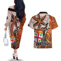 Fiji Australia Rugby Couples Matching Off The Shoulder Long Sleeve Dress and Hawaiian Shirt Kangaroo and Palm Tree Orange Tapa Pattern Mix Aboriginal LT03 - Polynesian Pride