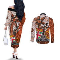 fiji-australia-rugby-couples-matching-off-the-shoulder-long-sleeve-dress-and-long-sleeve-button-shirts-kangaroo-and-palm-tree-orange-tapa-pattern-mix-aboriginal
