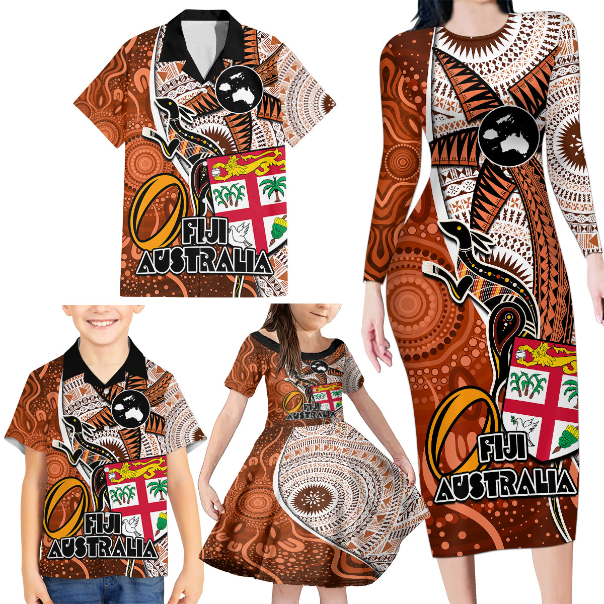 Fiji Australia Rugby Family Matching Long Sleeve Bodycon Dress and Hawaiian Shirt Kangaroo and Palm Tree Orange Tapa Pattern Mix Aboriginal LT03 - Polynesian Pride