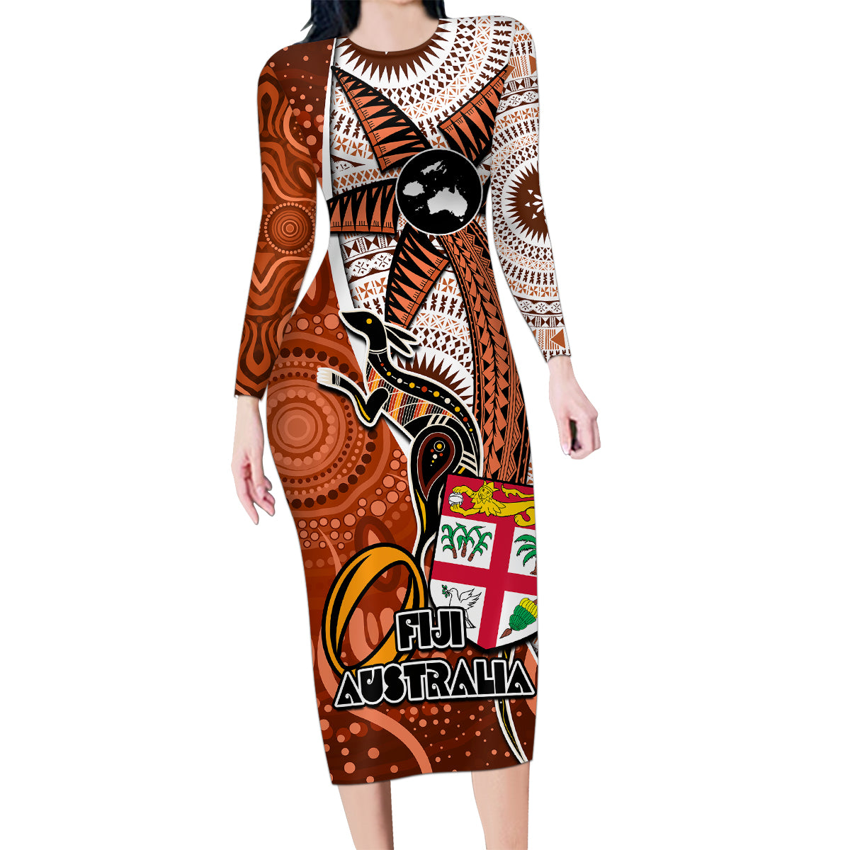 Fiji Australia Rugby Family Matching Long Sleeve Bodycon Dress and Hawaiian Shirt Kangaroo and Palm Tree Orange Tapa Pattern Mix Aboriginal LT03 Mom's Dress Orange - Polynesian Pride