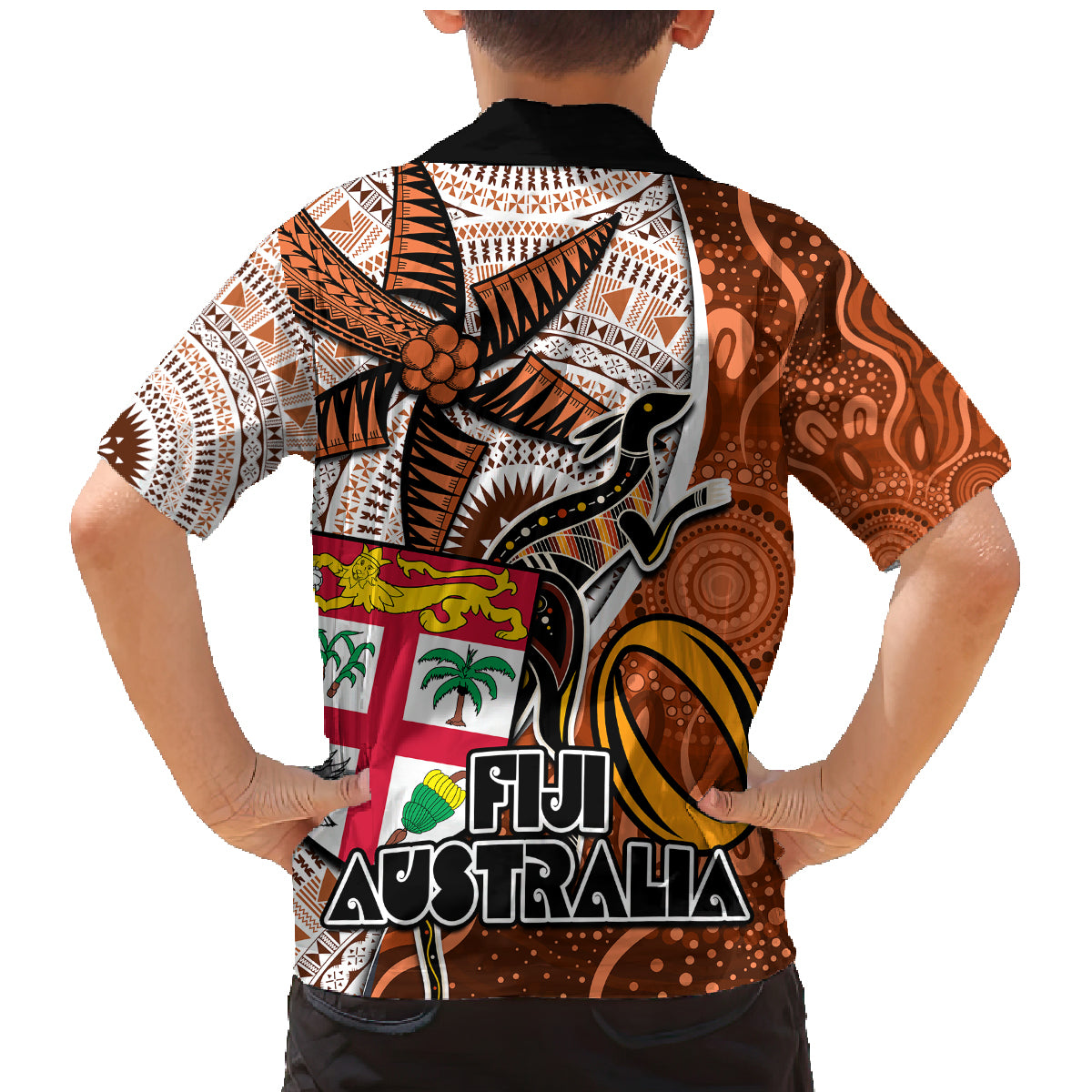 Fiji Australia Rugby Family Matching Mermaid Dress and Hawaiian Shirt Kangaroo and Palm Tree Orange Tapa Pattern Mix Aboriginal LT03 - Polynesian Pride
