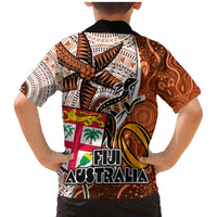 Fiji Australia Rugby Family Matching Mermaid Dress and Hawaiian Shirt Kangaroo and Palm Tree Orange Tapa Pattern Mix Aboriginal LT03 - Polynesian Pride