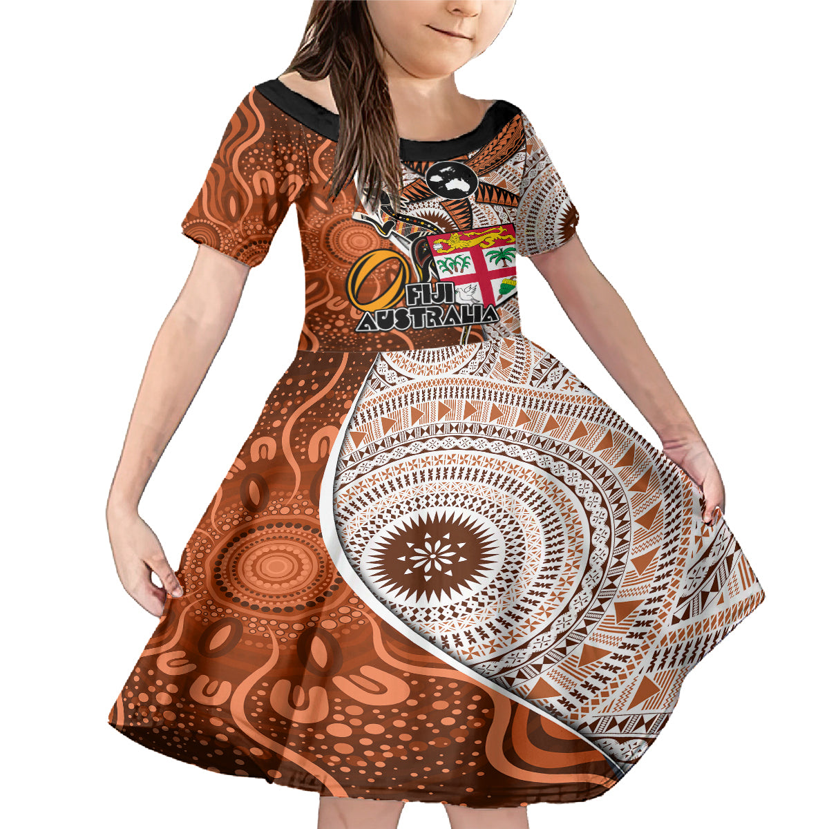 Fiji Australia Rugby Family Matching Mermaid Dress and Hawaiian Shirt Kangaroo and Palm Tree Orange Tapa Pattern Mix Aboriginal LT03 Daughter's Dress Orange - Polynesian Pride