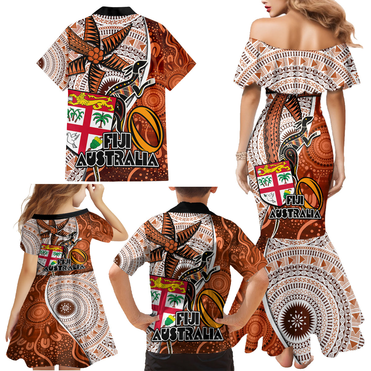 Fiji Australia Rugby Family Matching Mermaid Dress and Hawaiian Shirt Kangaroo and Palm Tree Orange Tapa Pattern Mix Aboriginal LT03 - Polynesian Pride