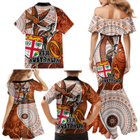Fiji Australia Rugby Family Matching Mermaid Dress and Hawaiian Shirt Kangaroo and Palm Tree Orange Tapa Pattern Mix Aboriginal LT03 - Polynesian Pride