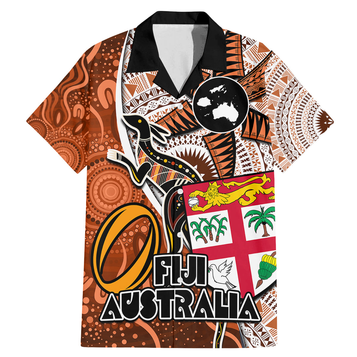 Fiji Australia Rugby Family Matching Mermaid Dress and Hawaiian Shirt Kangaroo and Palm Tree Orange Tapa Pattern Mix Aboriginal LT03 Dad's Shirt - Short Sleeve Orange - Polynesian Pride