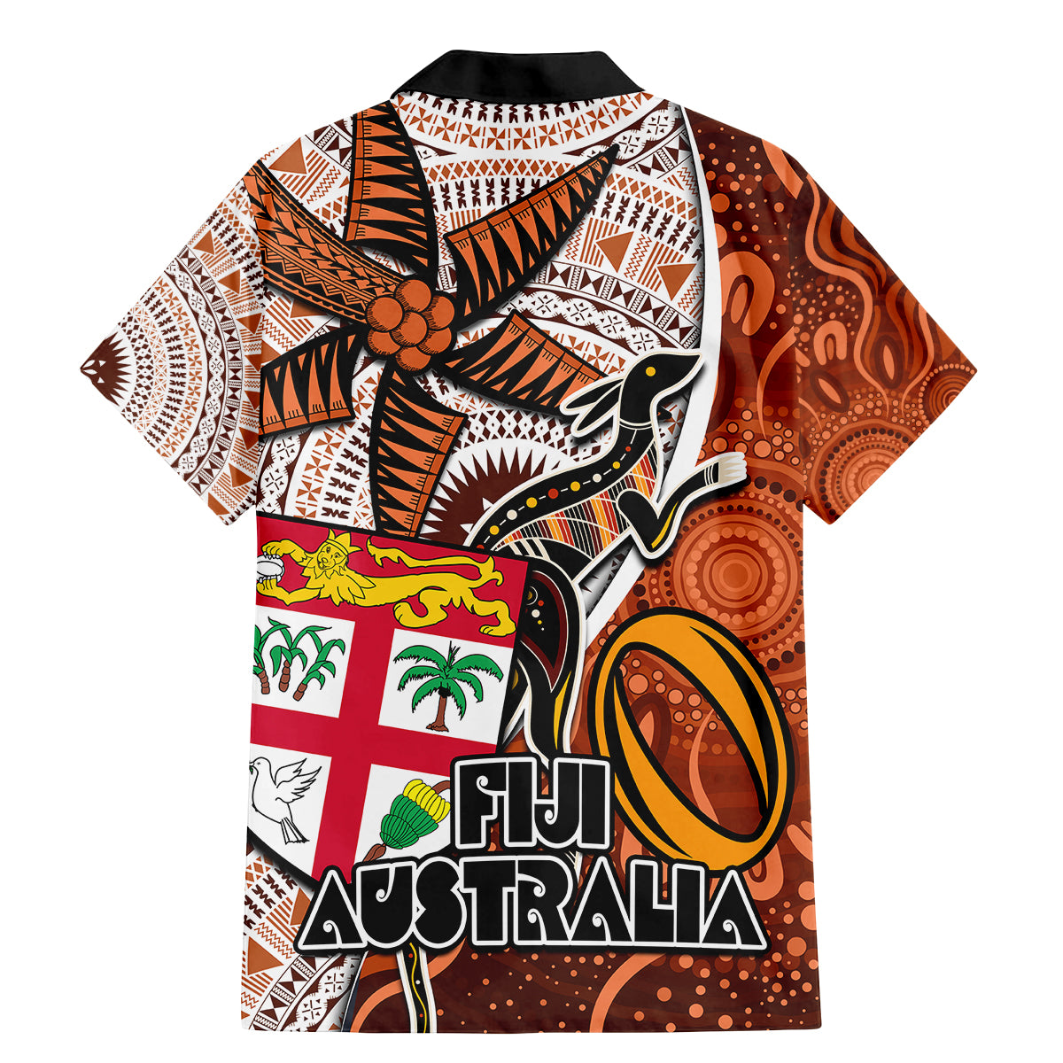 Fiji Australia Rugby Family Matching Mermaid Dress and Hawaiian Shirt Kangaroo and Palm Tree Orange Tapa Pattern Mix Aboriginal LT03 - Polynesian Pride