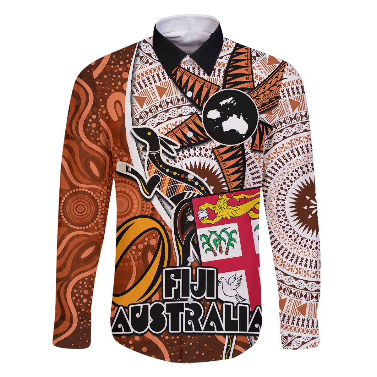 Fiji Australia Rugby Family Matching Mermaid Dress and Hawaiian Shirt Kangaroo and Palm Tree Orange Tapa Pattern Mix Aboriginal LT03 Dad's Shirt - Long Sleeve Orange - Polynesian Pride