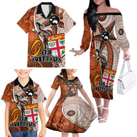 Fiji Australia Rugby Family Matching Off Shoulder Long Sleeve Dress and Hawaiian Shirt Kangaroo and Palm Tree Orange Tapa Pattern Mix Aboriginal LT03 - Polynesian Pride