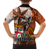 Fiji Australia Rugby Family Matching Off Shoulder Maxi Dress and Hawaiian Shirt Kangaroo and Palm Tree Orange Tapa Pattern Mix Aboriginal LT03 - Polynesian Pride