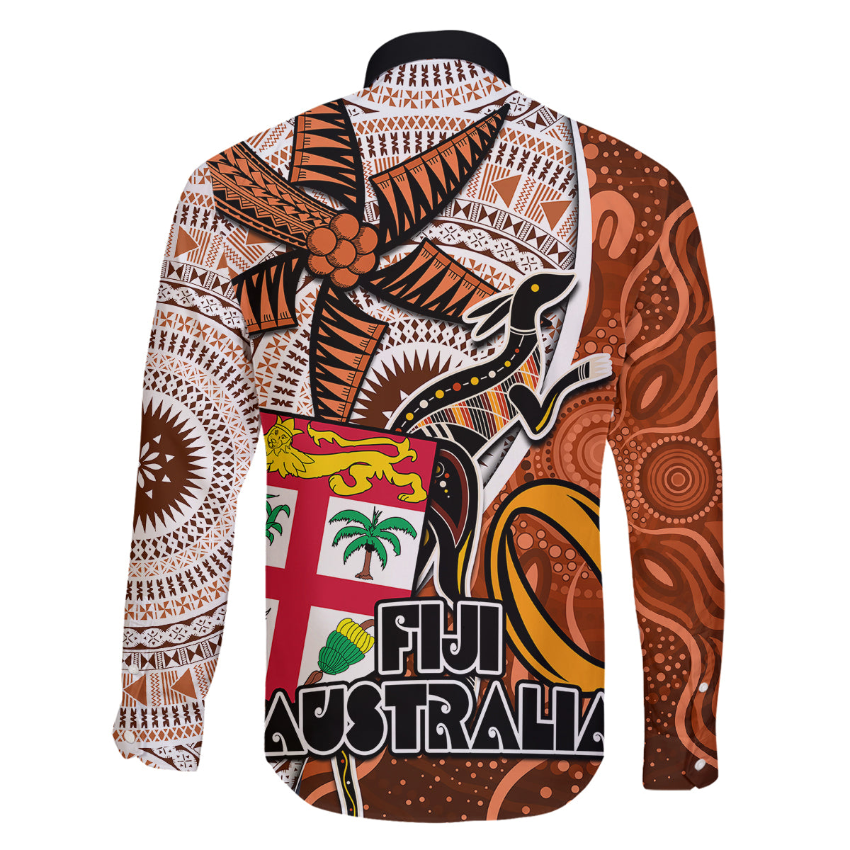 Fiji Australia Rugby Family Matching Off Shoulder Maxi Dress and Hawaiian Shirt Kangaroo and Palm Tree Orange Tapa Pattern Mix Aboriginal LT03 - Polynesian Pride