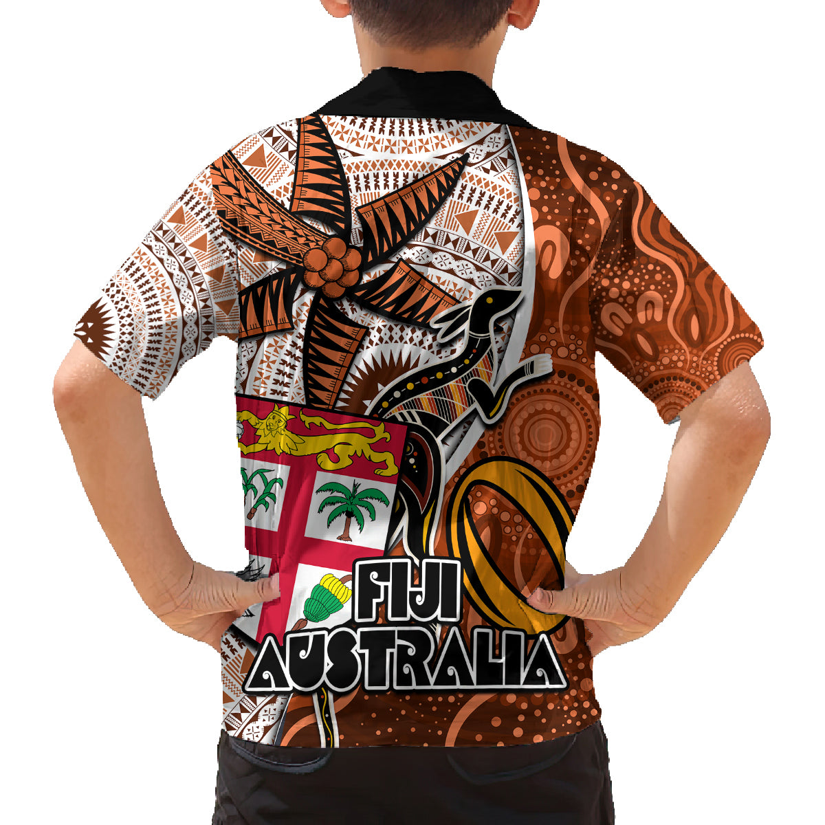 Fiji Australia Rugby Family Matching Off Shoulder Short Dress and Hawaiian Shirt Kangaroo and Palm Tree Orange Tapa Pattern Mix Aboriginal LT03 - Polynesian Pride