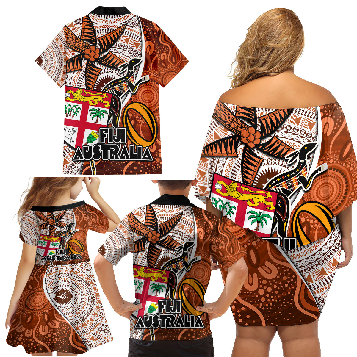 Fiji Australia Rugby Family Matching Off Shoulder Short Dress and Hawaiian Shirt Kangaroo and Palm Tree Orange Tapa Pattern Mix Aboriginal LT03 - Polynesian Pride