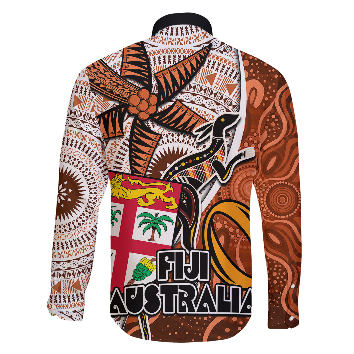 Fiji Australia Rugby Family Matching Off Shoulder Short Dress and Hawaiian Shirt Kangaroo and Palm Tree Orange Tapa Pattern Mix Aboriginal LT03 - Polynesian Pride