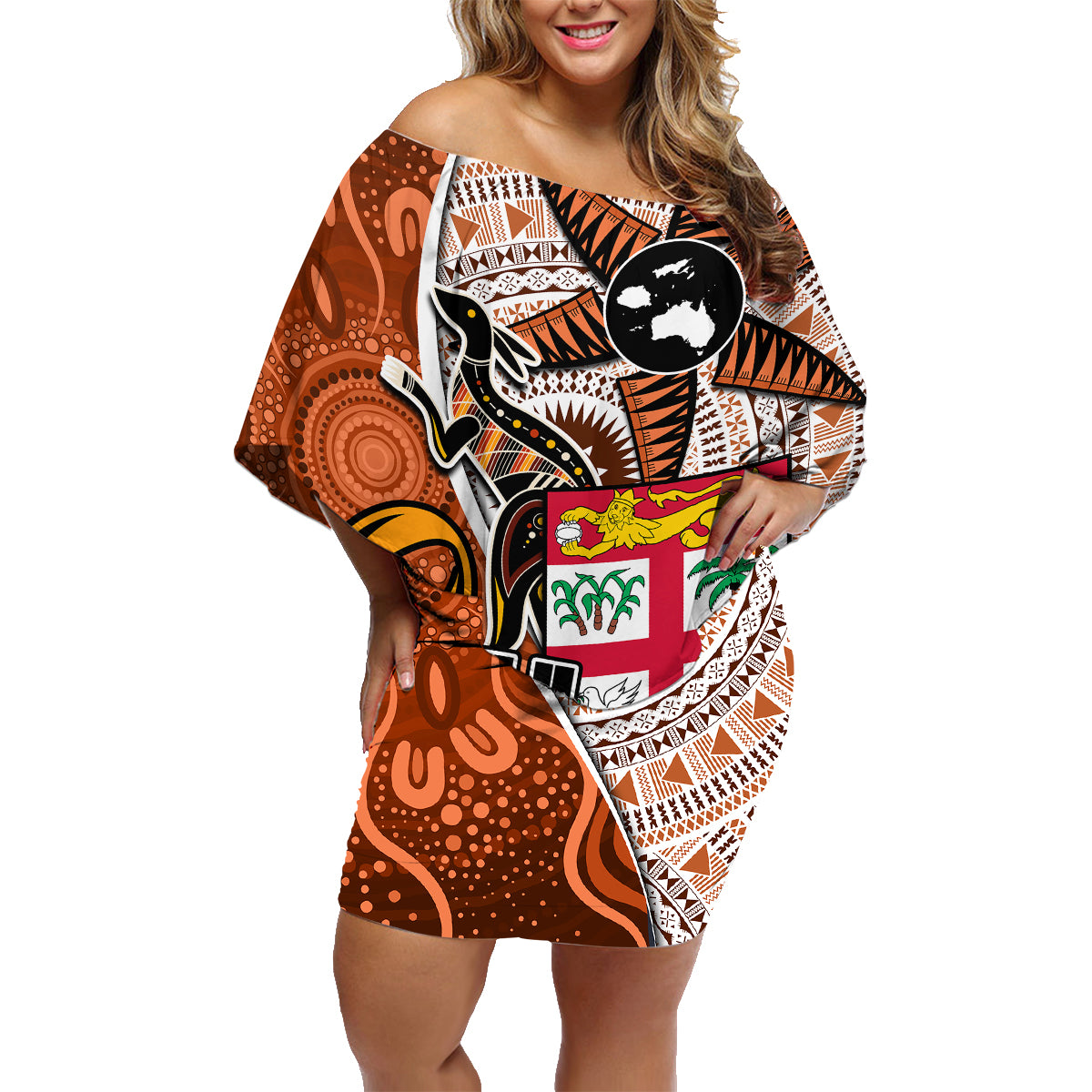 Fiji Australia Rugby Family Matching Off Shoulder Short Dress and Hawaiian Shirt Kangaroo and Palm Tree Orange Tapa Pattern Mix Aboriginal LT03 Mom's Dress Orange - Polynesian Pride