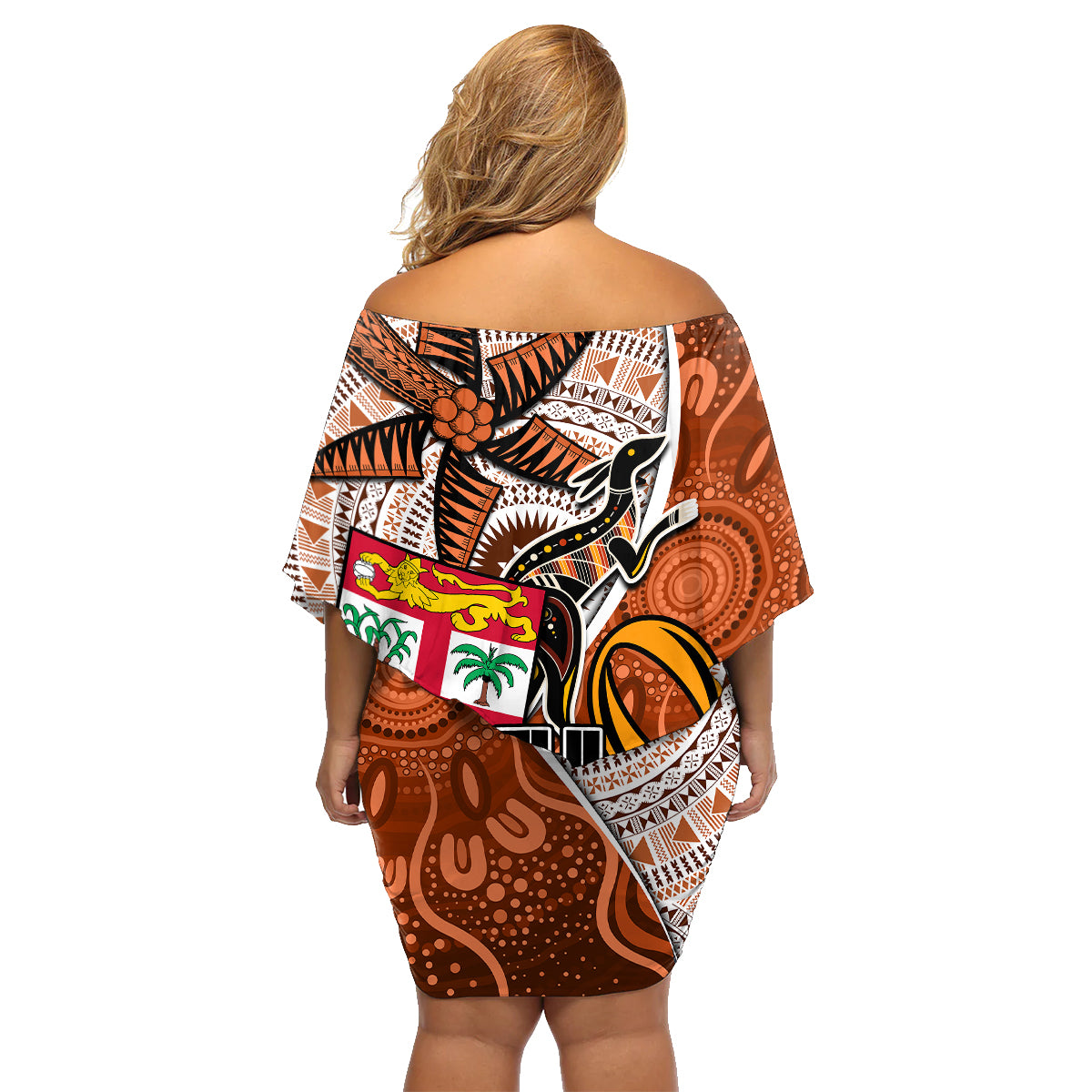 Fiji Australia Rugby Family Matching Off Shoulder Short Dress and Hawaiian Shirt Kangaroo and Palm Tree Orange Tapa Pattern Mix Aboriginal LT03 - Polynesian Pride