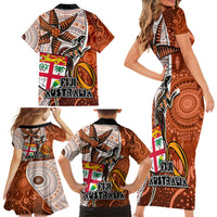 Fiji Australia Rugby Family Matching Short Sleeve Bodycon Dress and Hawaiian Shirt Kangaroo and Palm Tree Orange Tapa Pattern Mix Aboriginal LT03 - Polynesian Pride