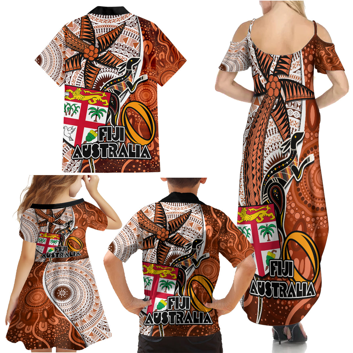 Fiji Australia Rugby Family Matching Summer Maxi Dress and Hawaiian Shirt Kangaroo and Palm Tree Orange Tapa Pattern Mix Aboriginal LT03 - Polynesian Pride
