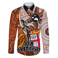 Fiji Australia Rugby Family Matching Summer Maxi Dress and Hawaiian Shirt Kangaroo and Palm Tree Orange Tapa Pattern Mix Aboriginal LT03 Dad's Shirt - Long Sleeve Orange - Polynesian Pride