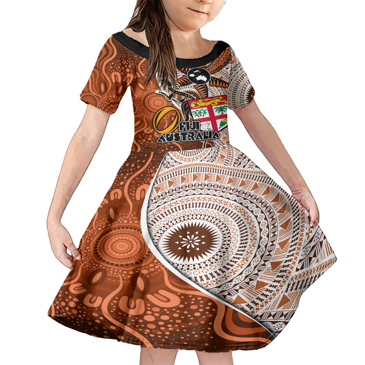 Fiji Australia Rugby Family Matching Tank Maxi Dress and Hawaiian Shirt Kangaroo and Palm Tree Orange Tapa Pattern Mix Aboriginal LT03 Daughter's Dress Orange - Polynesian Pride