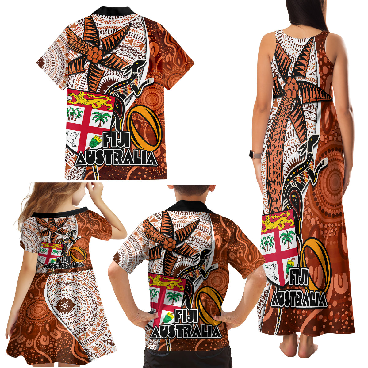 Fiji Australia Rugby Family Matching Tank Maxi Dress and Hawaiian Shirt Kangaroo and Palm Tree Orange Tapa Pattern Mix Aboriginal LT03 - Polynesian Pride