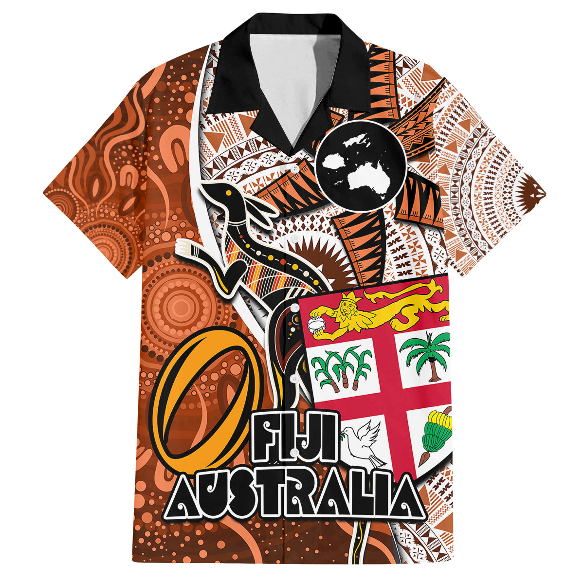 Fiji Australia Rugby Family Matching Tank Maxi Dress and Hawaiian Shirt Kangaroo and Palm Tree Orange Tapa Pattern Mix Aboriginal LT03 Dad's Shirt - Short Sleeve Orange - Polynesian Pride