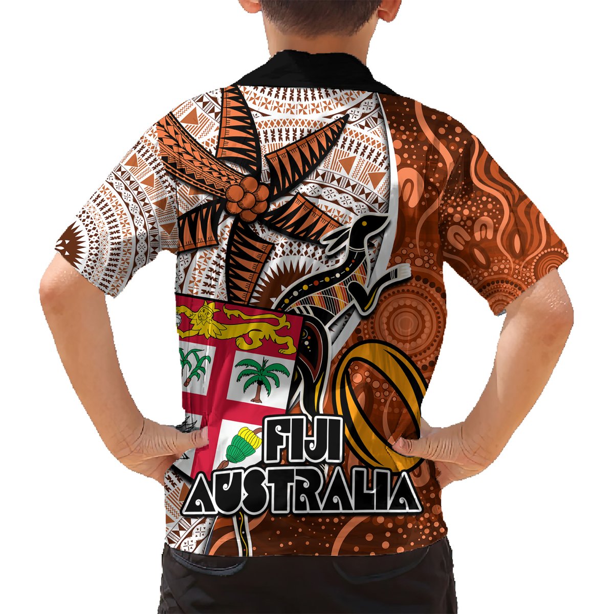 Fiji Australia Rugby Hawaiian Shirt Kangaroo and Palm Tree Orange Tapa Pattern Mix Aboriginal LT03 - Polynesian Pride