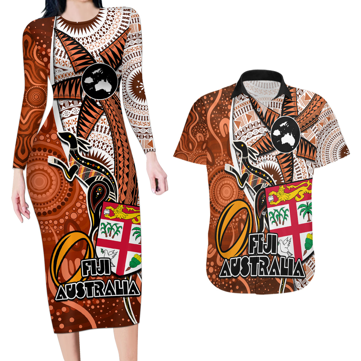 Personalised Fiji Australia Rugby Couples Matching Long Sleeve Bodycon Dress and Hawaiian Shirt Kangaroo and Palm Tree Orange Tapa Pattern Mix Aboriginal LT03 Orange - Polynesian Pride