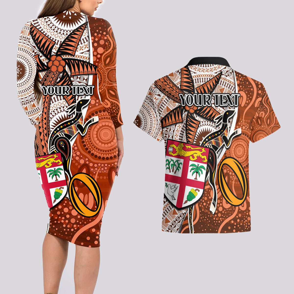 Personalised Fiji Australia Rugby Couples Matching Long Sleeve Bodycon Dress and Hawaiian Shirt Kangaroo and Palm Tree Orange Tapa Pattern Mix Aboriginal LT03 - Polynesian Pride