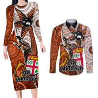 Personalised Fiji Australia Rugby Couples Matching Long Sleeve Bodycon Dress and Long Sleeve Button Shirts Kangaroo and Palm Tree Orange Tapa Pattern Mix Aboriginal LT03 Orange - Polynesian Pride