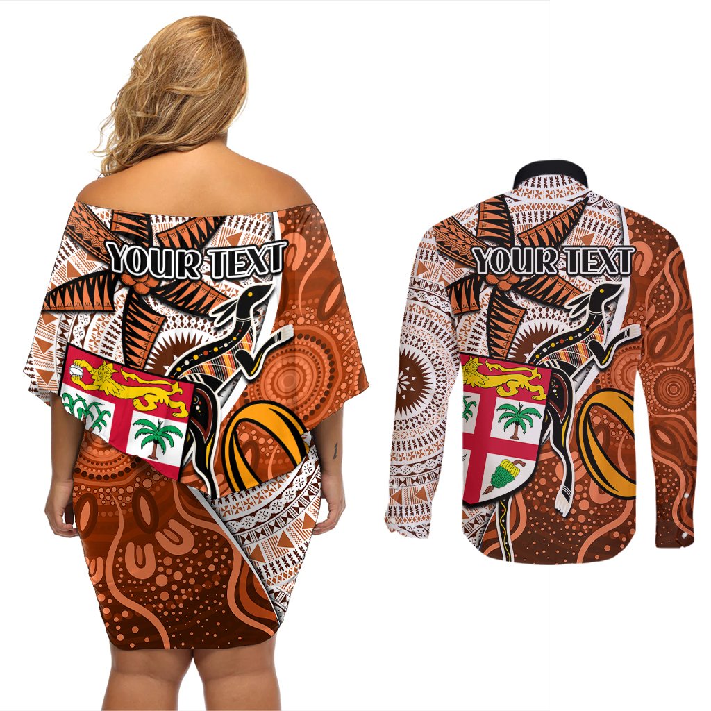 Personalised Fiji Australia Rugby Couples Matching Off Shoulder Short Dress and Long Sleeve Button Shirts Kangaroo and Palm Tree Orange Tapa Pattern Mix Aboriginal LT03 - Polynesian Pride