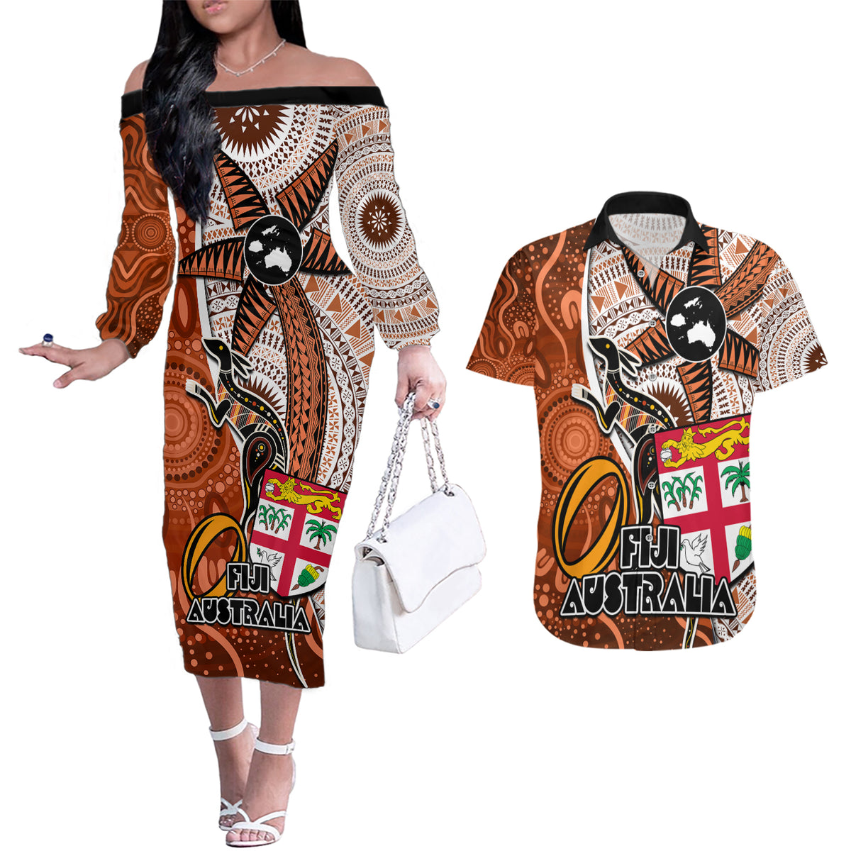 Personalised Fiji Australia Rugby Couples Matching Off The Shoulder Long Sleeve Dress and Hawaiian Shirt Kangaroo and Palm Tree Orange Tapa Pattern Mix Aboriginal LT03 Orange - Polynesian Pride