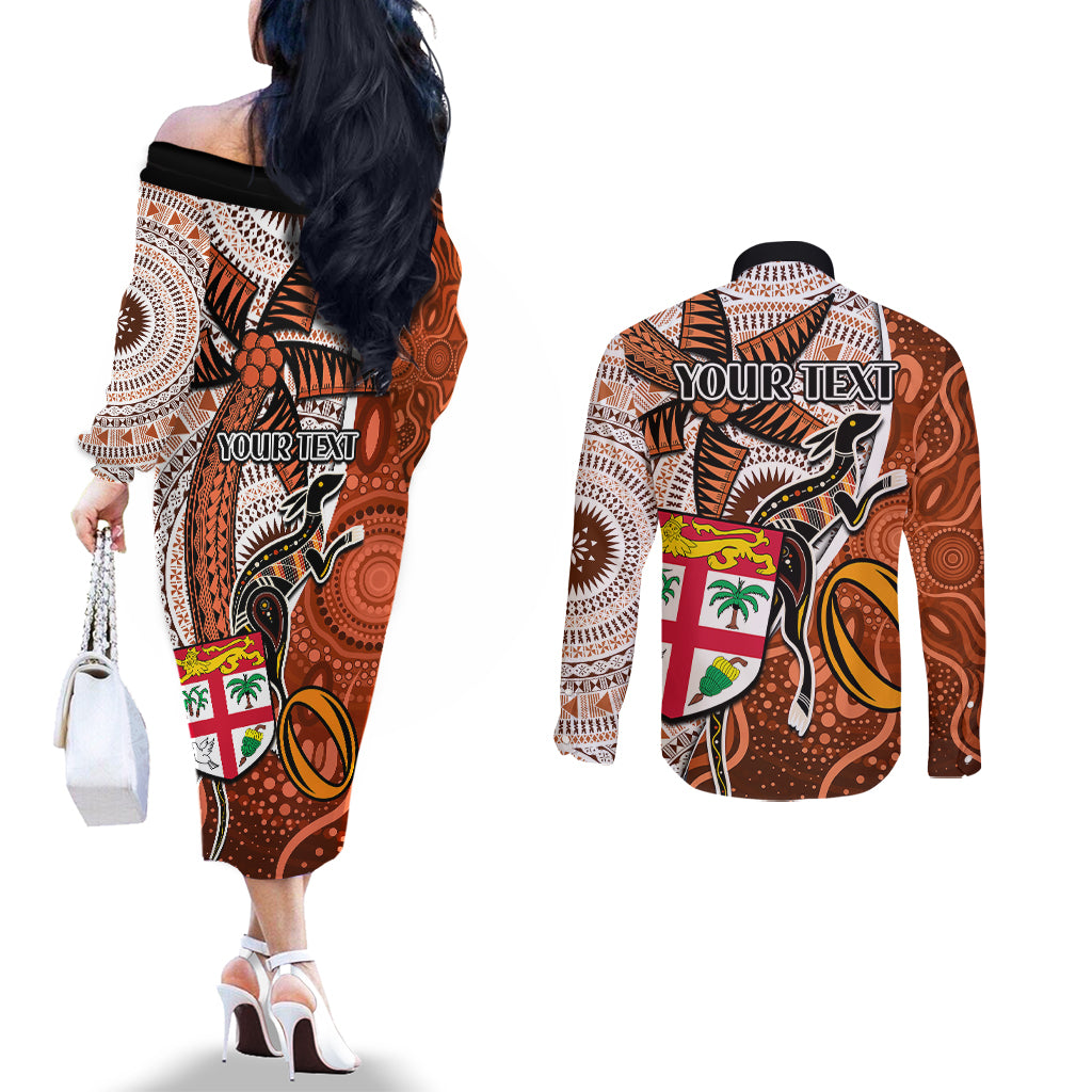 Personalised Fiji Australia Rugby Couples Matching Off The Shoulder Long Sleeve Dress and Long Sleeve Button Shirts Kangaroo and Palm Tree Orange Tapa Pattern Mix Aboriginal LT03 - Polynesian Pride
