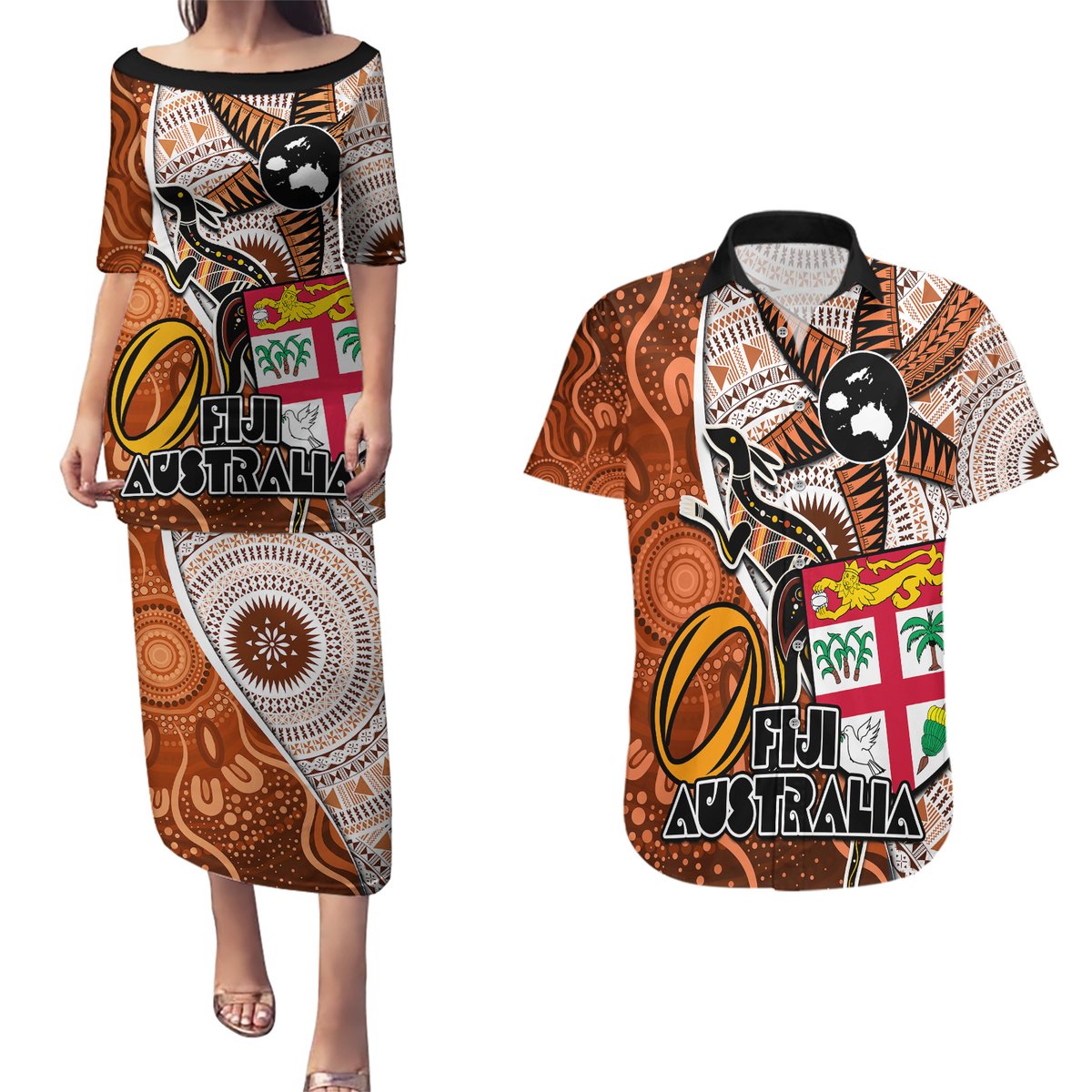 Personalised Fiji Australia Rugby Couples Matching Puletasi Dress and Hawaiian Shirt Kangaroo and Palm Tree Orange Tapa Pattern Mix Aboriginal LT03 Orange - Polynesian Pride