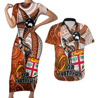 Personalised Fiji Australia Rugby Couples Matching Short Sleeve Bodycon Dress and Hawaiian Shirt Kangaroo and Palm Tree Orange Tapa Pattern Mix Aboriginal LT03 Orange - Polynesian Pride