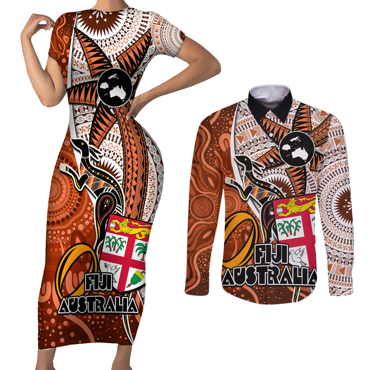 Personalised Fiji Australia Rugby Couples Matching Short Sleeve Bodycon Dress and Long Sleeve Button Shirts Kangaroo and Palm Tree Orange Tapa Pattern Mix Aboriginal LT03 Orange - Polynesian Pride