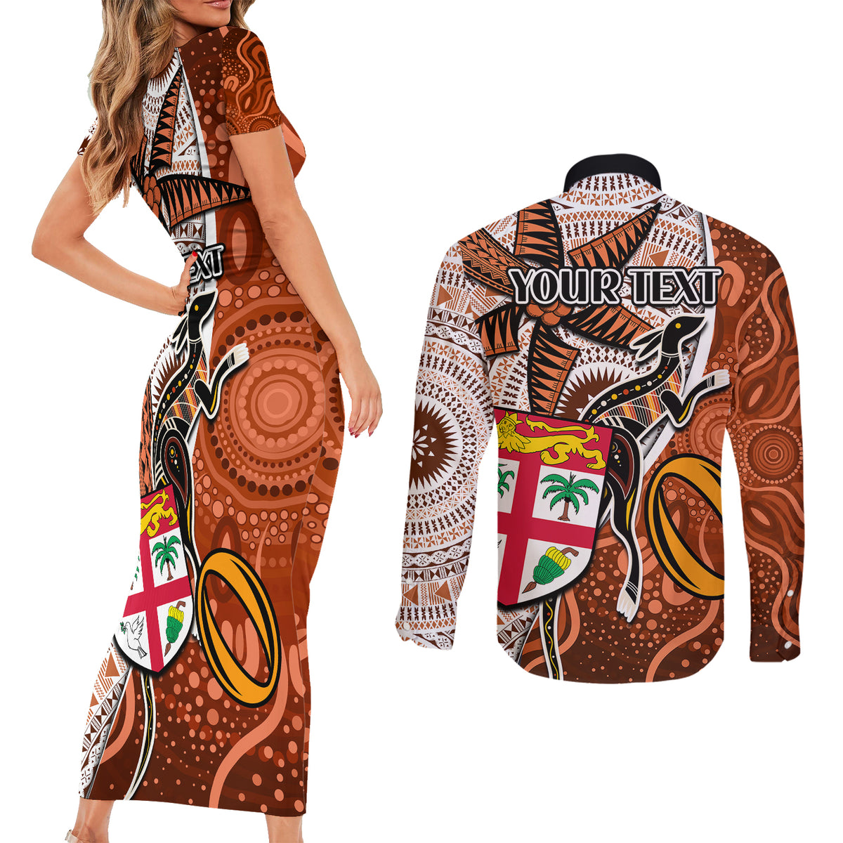Personalised Fiji Australia Rugby Couples Matching Short Sleeve Bodycon Dress and Long Sleeve Button Shirts Kangaroo and Palm Tree Orange Tapa Pattern Mix Aboriginal LT03 - Polynesian Pride