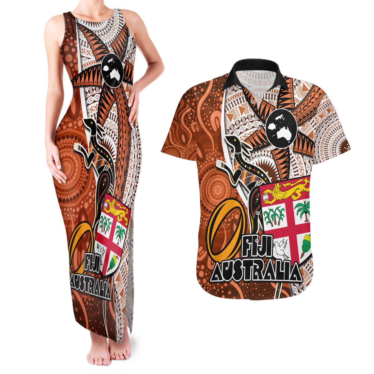 Personalised Fiji Australia Rugby Couples Matching Tank Maxi Dress and Hawaiian Shirt Kangaroo and Palm Tree Orange Tapa Pattern Mix Aboriginal LT03 Orange - Polynesian Pride