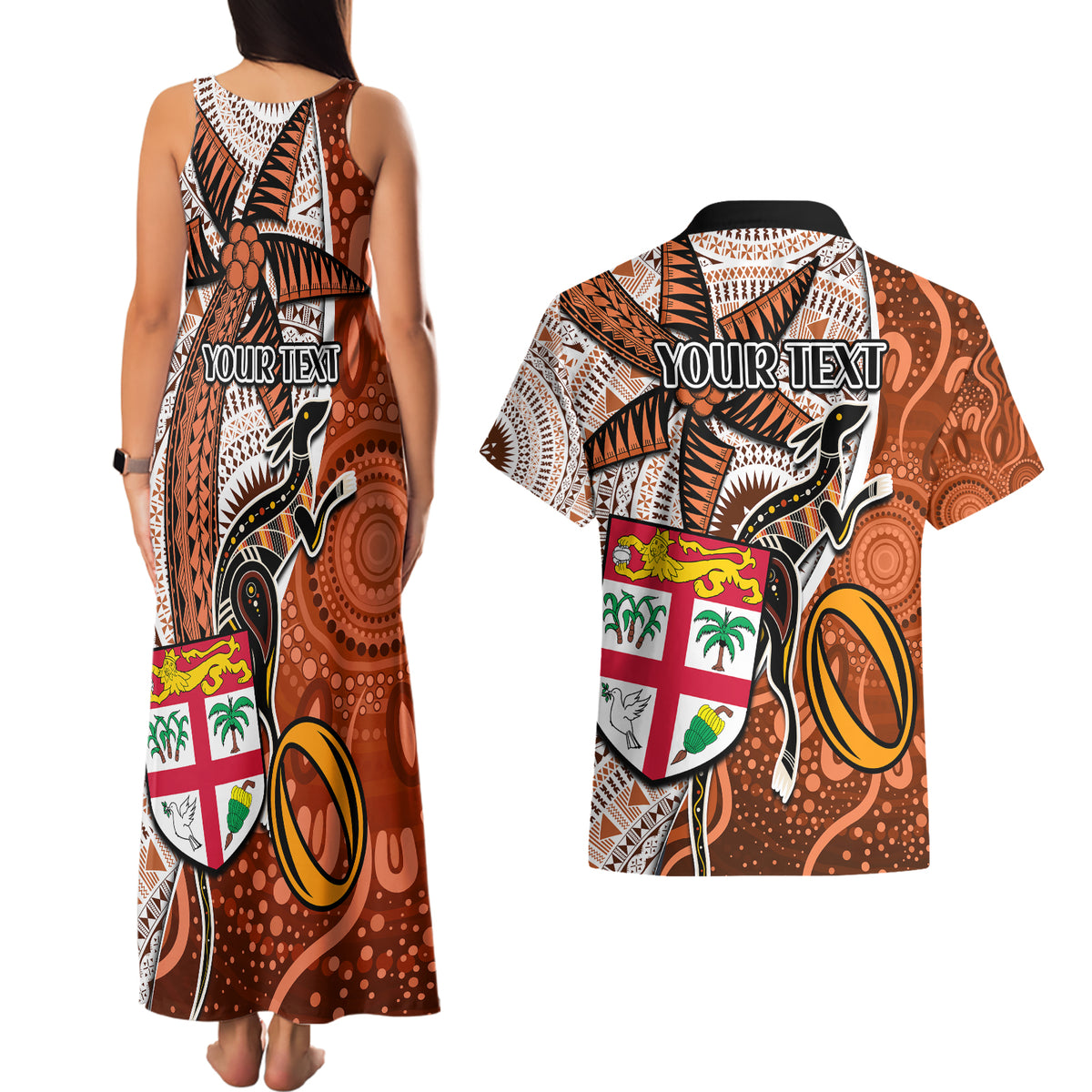 Personalised Fiji Australia Rugby Couples Matching Tank Maxi Dress and Hawaiian Shirt Kangaroo and Palm Tree Orange Tapa Pattern Mix Aboriginal LT03 - Polynesian Pride