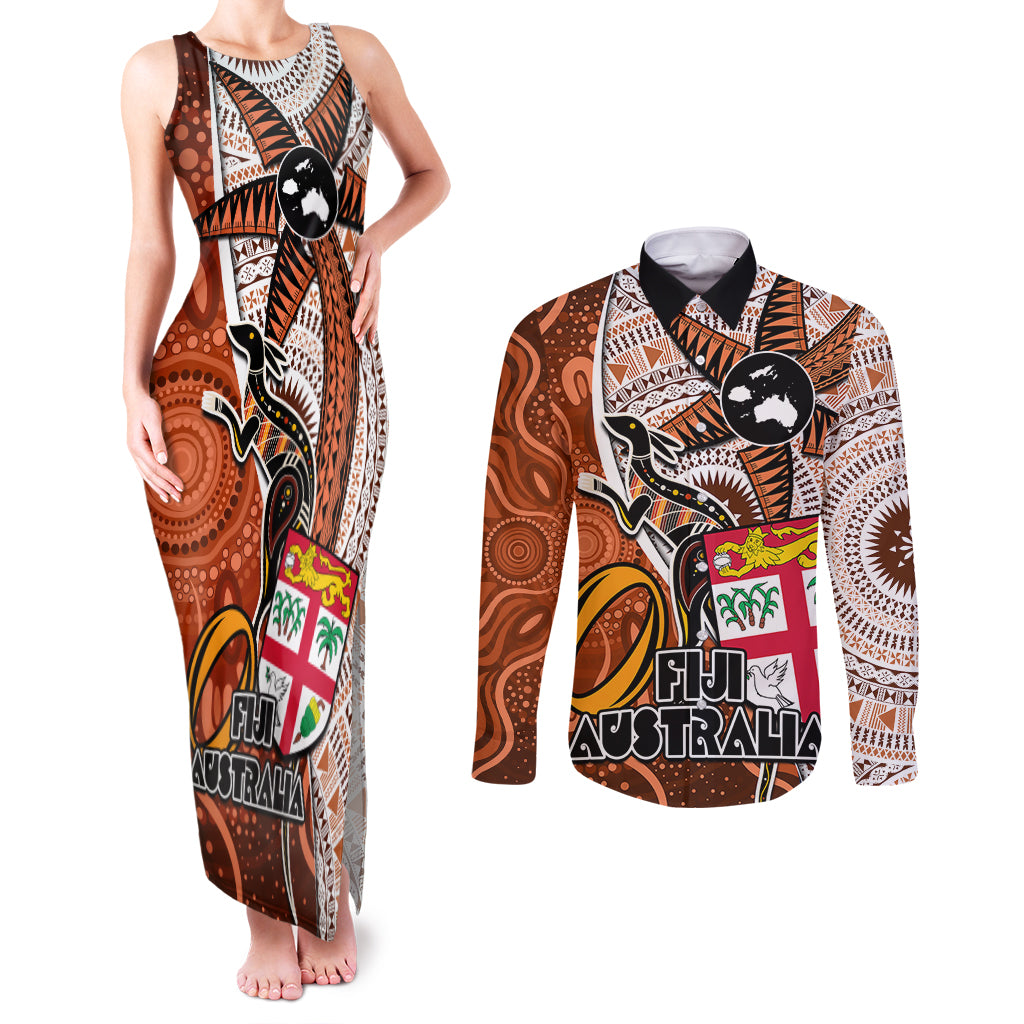 Personalised Fiji Australia Rugby Couples Matching Tank Maxi Dress and Long Sleeve Button Shirts Kangaroo and Palm Tree Orange Tapa Pattern Mix Aboriginal LT03 Orange - Polynesian Pride