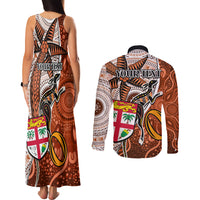 Personalised Fiji Australia Rugby Couples Matching Tank Maxi Dress and Long Sleeve Button Shirts Kangaroo and Palm Tree Orange Tapa Pattern Mix Aboriginal LT03 - Polynesian Pride