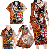 Personalised Fiji Australia Rugby Family Matching Long Sleeve Bodycon Dress and Hawaiian Shirt Kangaroo and Palm Tree Orange Tapa Pattern Mix Aboriginal LT03 - Polynesian Pride