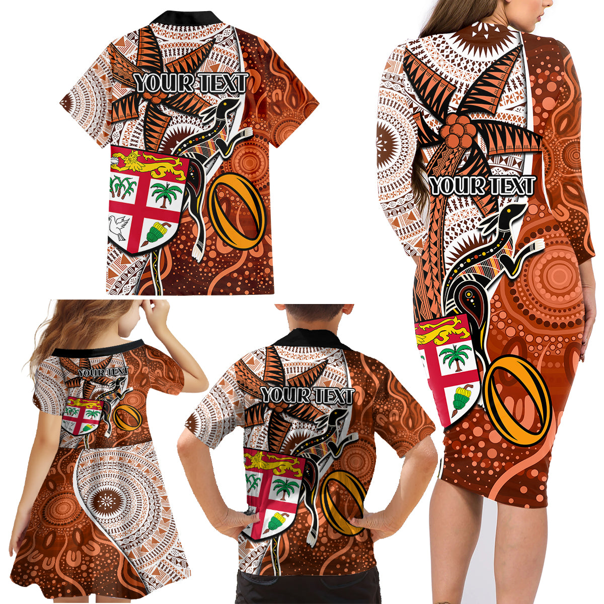Personalised Fiji Australia Rugby Family Matching Long Sleeve Bodycon Dress and Hawaiian Shirt Kangaroo and Palm Tree Orange Tapa Pattern Mix Aboriginal LT03 - Polynesian Pride