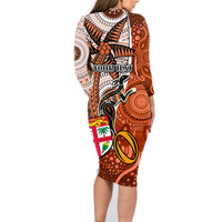 Personalised Fiji Australia Rugby Family Matching Long Sleeve Bodycon Dress and Hawaiian Shirt Kangaroo and Palm Tree Orange Tapa Pattern Mix Aboriginal LT03 - Polynesian Pride