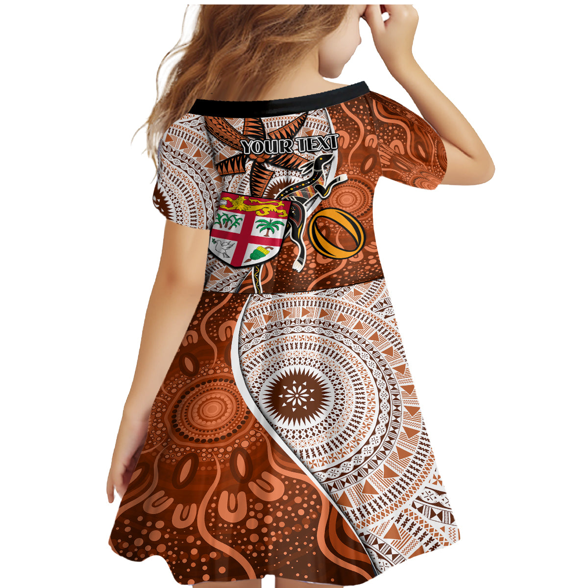 Personalised Fiji Australia Rugby Family Matching Mermaid Dress and Hawaiian Shirt Kangaroo and Palm Tree Orange Tapa Pattern Mix Aboriginal LT03 - Polynesian Pride